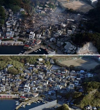 　大規模火災で５万平方メートル近くが焼けた大分市佐賀関の現場（上、１９日）。発生前には、山と海に囲まれた土地に多くの住宅が立ち並んでいた（下、２０１９年１２月）