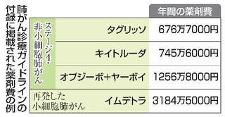 　肺がん診療ガイドラインの付録に掲載された薬剤費の例