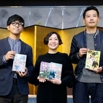 　第７８回野間文芸賞を受賞した村田沙耶香さん（中央）。左は第４７回野間文芸新人賞の鳥山まことさん、右は同新人賞のピンク地底人３号さん＝５日午後、東京都千代田区