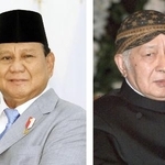 　インドネシアのプラボウォ大統領（左）、スハルト元大統領（ロイター＝共同）