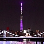 　「女性に対する暴力をなくす運動」のシンボルカラーの紫色にライトアップされた東京スカイツリー＝１２日夜