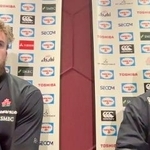 　ジョージア戦を前にオンラインで記者会見するラグビー日本代表のジョーンズＨＣ。左はディアンズ＝２０日