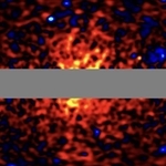 　天の川銀河周辺から届いたガンマ線の観測画像。中央の帯はノイズが大きく分析から除外された部分（戸谷友則東大教授提供）