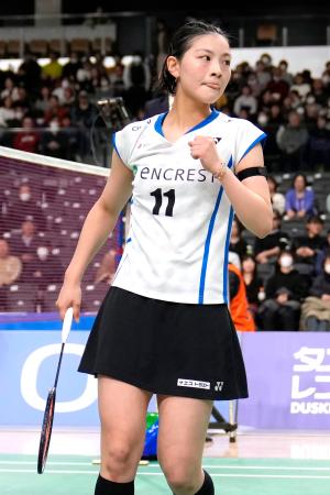 　女子シングルス準々決勝　ポイントを奪いガッツポーズの宮崎友花＝京王アリーナＴＯＫＹＯ