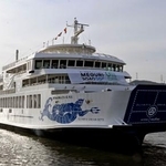 　自動運航機能を活用した商用運航を開始する旅客船「おりんぴあどりーむせと」＝１０日午前、新岡山港