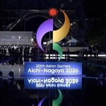 　アジア大会１年前イベントでお目見えした大会エンブレムのオブジェ＝９月、名古屋市