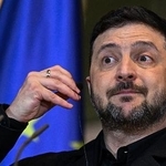 　記者会見するウクライナのゼレンスキー大統領＝１５日、ベルリン（ロイター＝共同）