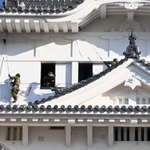 　陸上自衛隊員による「すす払い」が行われた姫路城＝１６日午前、兵庫県姫路市