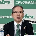 　２０２３年６月、株主総会後に記者会見するニデック創業者の永守重信氏＝京都市