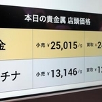 　１グラム当たり２万５０１５円の金の店頭販売価格を表示する「田中貴金属　銀座本店」の電光掲示＝２４日午後、東京・銀座