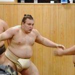 　ぶつかり稽古に励む安青錦（中央）＝東京都江東区の安治川部屋