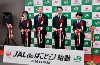 　新たな輸送サービス開始を記念し、テープカットするＪＲ東日本と日本航空の担当者＝１３日午後、羽田空港