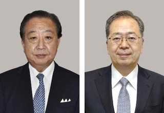 　左から立憲民主党の野田佳彦代表、公明党の斉藤鉄夫代表