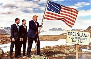 　トランプ米大統領（右）が投稿したグリーンランドに米国旗を立てるイラスト風の画像。後ろに立つのはバンス副大統領（左）とルビオ国務長官（ＳＮＳトゥルース・ソーシャルから）
