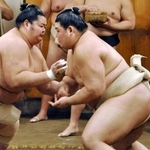 　佐渡ケ嶽部屋での出稽古で、大関琴桜（左）と相撲を取る横綱大の里＝千葉県松戸市