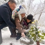 　父親の神庭利太さんが眠る墓石に手を触れるロサリナ・カンバ・フェルナンデスさん（中央）＝３０日午前、鳥取県伯耆町