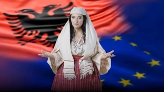 　アルバニア議会で演説するＡＩ閣僚の「ディエラ」＝２０２５年９月（ラマ首相のフェイスブックから・共同）