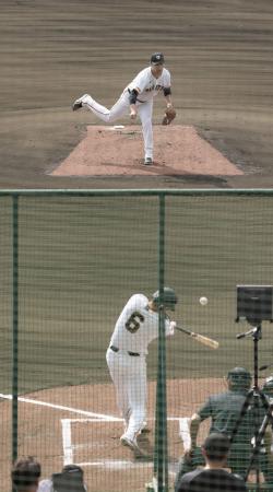 　実戦形式の打撃練習に登板し、坂本（手前）と対戦する巨人・田中将＝那覇