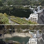 　貯水率１００％（上、２０２５年１１月）と今月４日、貯水率が低下した大渡ダム＝高知県仁淀川町（大渡ダム管理所提供）
