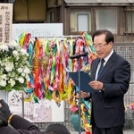 　「長生炭鉱」の追悼式に参列した韓国遺族会の楊玄会長＝７日午前、山口県宇部市