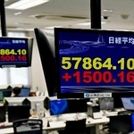 　上げ幅が一時１５００円を超えた日経平均株価を示すモニター＝１０日午前、東京都港区の外為どっとコム