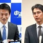 　中道改革連合の議員総会に出席後、記者団の取材に応じる小川淳也氏（左）と階猛氏。代表選立候補の意向を表明した＝１１日午後、東京都内