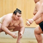 　ぶつかり稽古で汗を流す安青錦（左）＝東京都江東区の安治川部屋