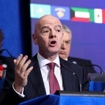 　ガザ平和評議会で発言するＦＩＦＡのインファンティノ会長＝１９日、ワシントン（ロイター＝共同）