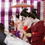 　京都・北野天満宮の「梅花祭」で開かれた野だて茶会で参拝客をもてなす芸妓や舞妓＝２５日午前