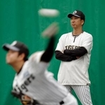 　投球練習を見守る阪神・藤川監督＝宜野座