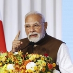 　日印経済フォーラムであいさつするインドのモディ首相＝昨年８月、東京都千代田区