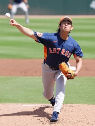 　マーリンズ戦に先発したアストロズ・今井。３回を無安打無失点と好投した＝ジュピター（共同）
