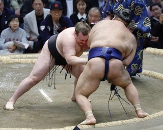 　安青錦（左）が押し出しで高安を下す＝エディオンアリーナ大阪