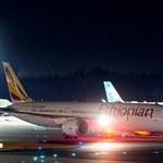 　成田空港に到着した、政府手配の民間チャーター機＝８日午後７時５０分