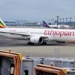 　成田空港に到着した、政府手配のチャーター機＝１０日午前６時３４分