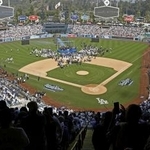 　昨年１１月、ドジャースのワールドシリーズ優勝報告会が行われたドジャースタジアム＝ロサンゼルス（共同）