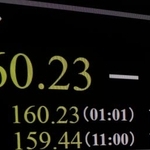 　一時１ドル＝１６０円台を付けた円相場を示すモニター＝２８日未明、東京・東新橋