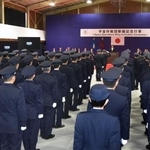 　府中基地で開催された航空自衛隊「宇宙作戦団」の発足記念行事＝２８日午前、東京都府中市