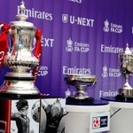 　お披露目された（左から）ＦＡカップ、天皇杯、銀製カップ＝３１日、ＭＵＦＧスタジアム