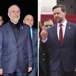 　米国とイランの戦闘終結に向けた協議のため、パキスタンに到着したイランのガリバフ国会議長（左、パキスタン外務省提供・共同）とバンス米副大統領（ＡＰ＝共同）