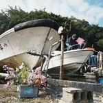 　辺野古沖で転覆した船「平和丸」（左）と「不屈」に花を供える人たち＝３月、沖縄県名護市