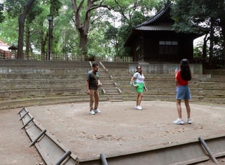 　世田谷八幡宮の土俵で記念撮影する外国人観光客＝東京都世田谷区