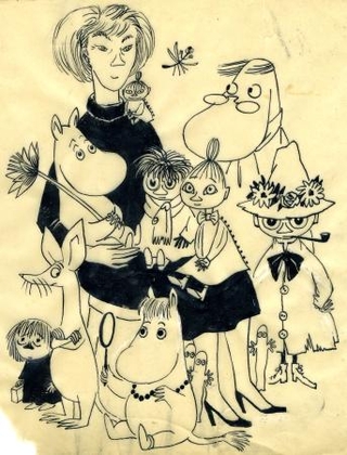 　トーベ・ヤンソン「ムーミンたちとの自画像」（１９５２年　インク、紙、ムーミンキャラクターズコレクション　（Ｃ）Ｍｏｏｍｉｎ　ＣｈａｒａｃｔｅｒｓＴＭ）（提供写真）
