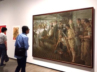 　宮本三郎「本間、ウエンライト会見図」（右、１９４４年、東京国立近代美術館蔵、無期限貸与）