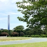 　夢の島公園。奥に清掃工場の煙突が見える＝東京都江東区