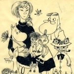 　トーベ・ヤンソン「ムーミンたちとの自画像」（１９５２年　インク、紙、ムーミンキャラクターズコレクション　（Ｃ）Ｍｏｏｍｉｎ　ＣｈａｒａｃｔｅｒｓＴＭ）（提供写真）