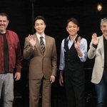 　囲み取材に登場した（左から）Ｊ・スコット・ラップ、海宝直人、坂本昌行、スコット・シュワルツ＝東京都多摩市
