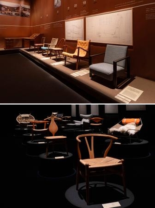 　渋谷のヒカリエホールに並ぶハンス・ウェグナーさんの（右から）「ファーストチェア」「セカンドチェア」（上）、「Ｙチェア」（手前）など代表作の数々（下）（ｐｈｏｔｏ：Ｙｕｙａ　Ｆｕｒｕｋａｗａ）（提供写真）