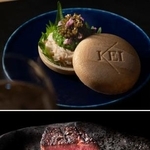 　「ＫＥＩ　Ｃｏｌｌｅｃｔｉｏｎ　ＰＡＲＩＳ」クリスマス特別コースで提供される「最中　兵庫県産香住蟹　キャビアクリスタル」（上）、「１００日熟成　熊本県産延寿牛　ソースジュドヴォー」（提供写真）