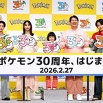 　発表会に登場した（左から）高杉真宙、山本美月、永尾柚乃、ジャンボたかお、池田直人＝２６日、東京都港区